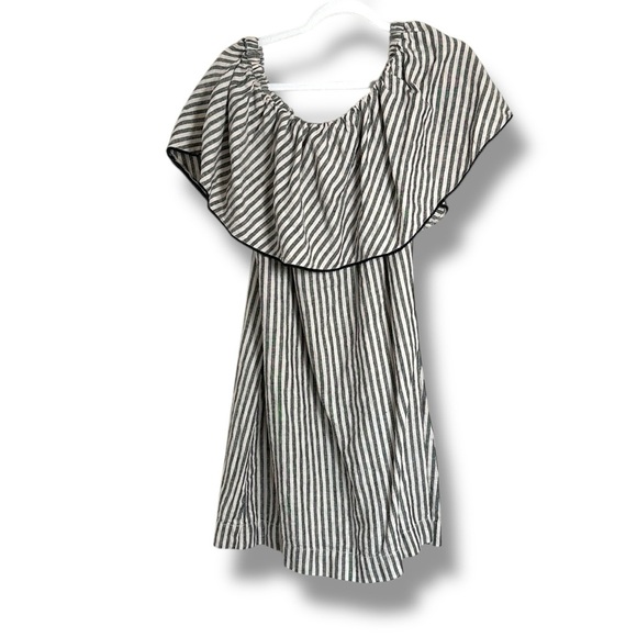 Out of Office Trina Turk Gray/White Striped Ruffle Linen Mini Dress Size Large - Picture 1 of 6